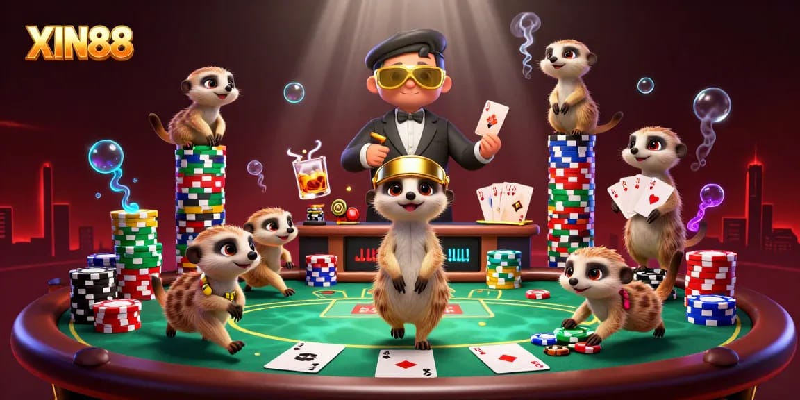 XIN88 theme with meerkats operating a lively casino scene filled with vibrant poker elements.