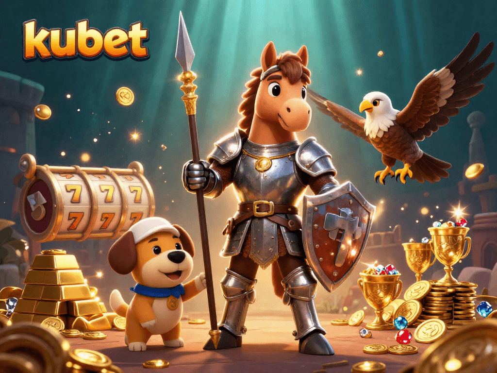 Win big with kubet as a knight and squire battle treasures in a vibrant casino scene.