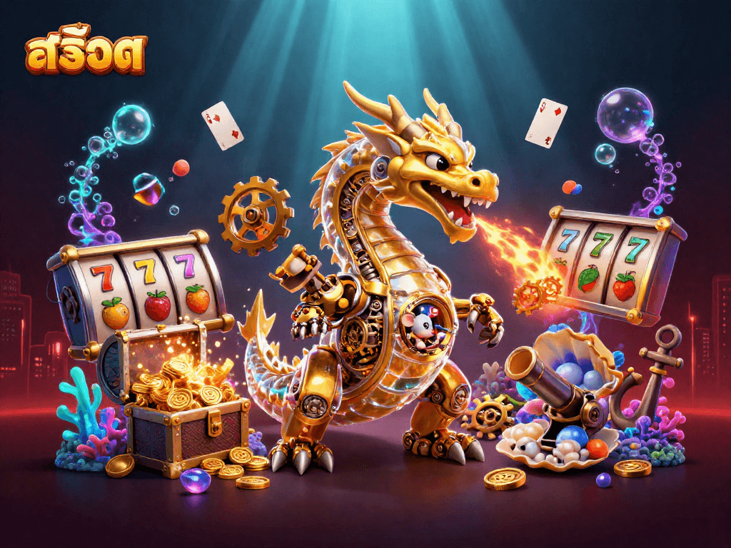 Play สล็อต games with a golden dragon and treasure in this vibrant casino illustration.