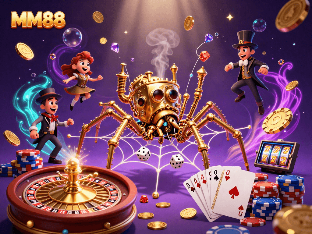 Win big at MM88 with our captivating casino-themed illustration showcasing a dynamic gaming scene.