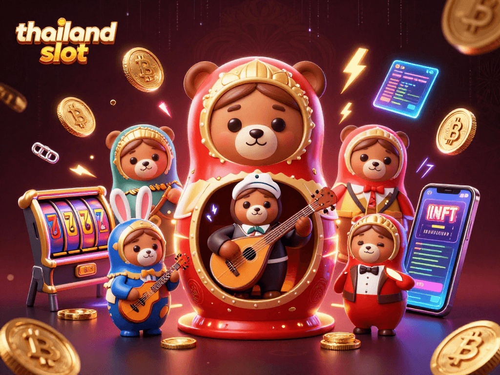 Spin to win with thailand slot in a vibrant 3D casino scene featuring unique characters and crypto elements.