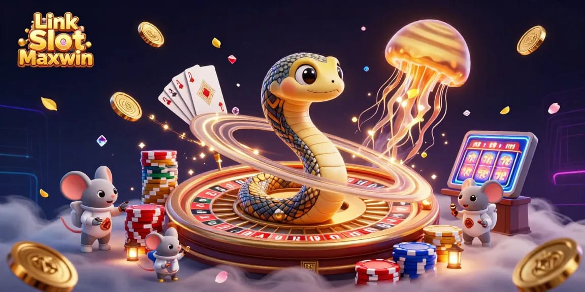 Menangkan permainan dengan Link Slot Maxwin melalui ilustrasi kasino yang penuh warna dan dinamis.