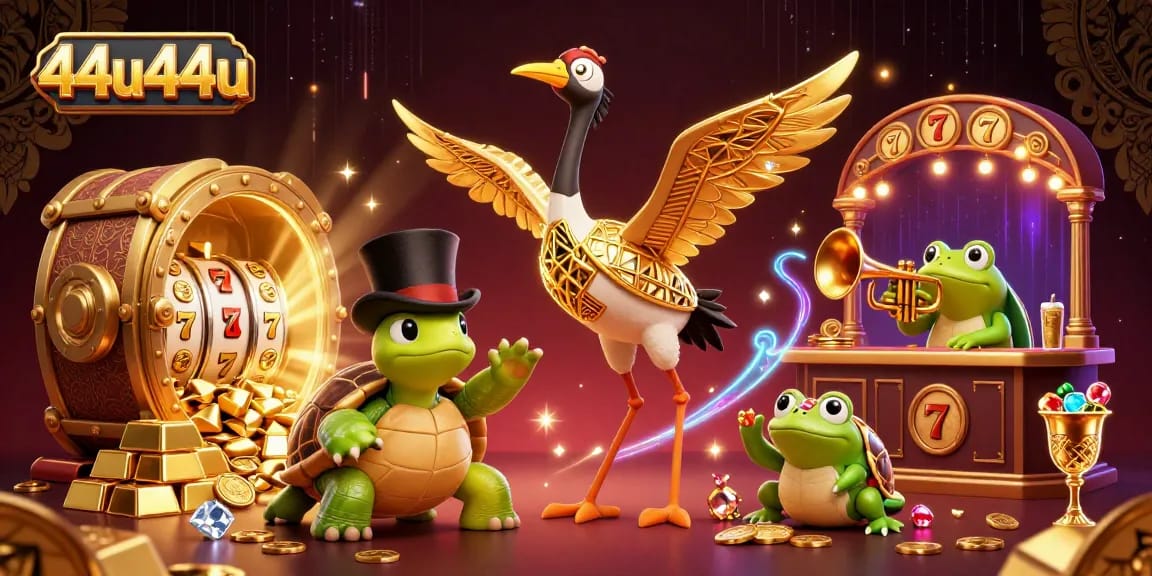 Engage with 44u44u at a vibrant casino scene featuring a cartoon crane, turtle, and trumpet frog.