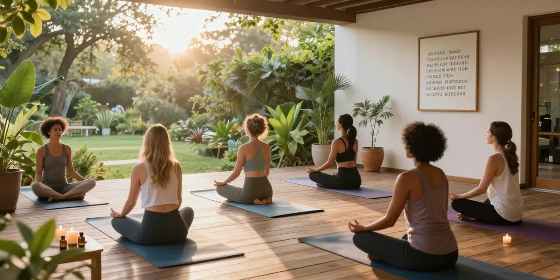 Health-focused friends practicing yoga outdoors in a serene garden, promoting wellness and connection.
