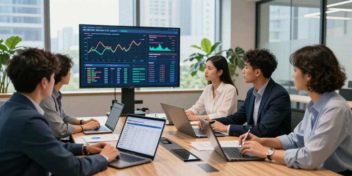 Team collaborating in a modern banking office, showcasing CIBC digital business solutions with analytics on screen and laptops.