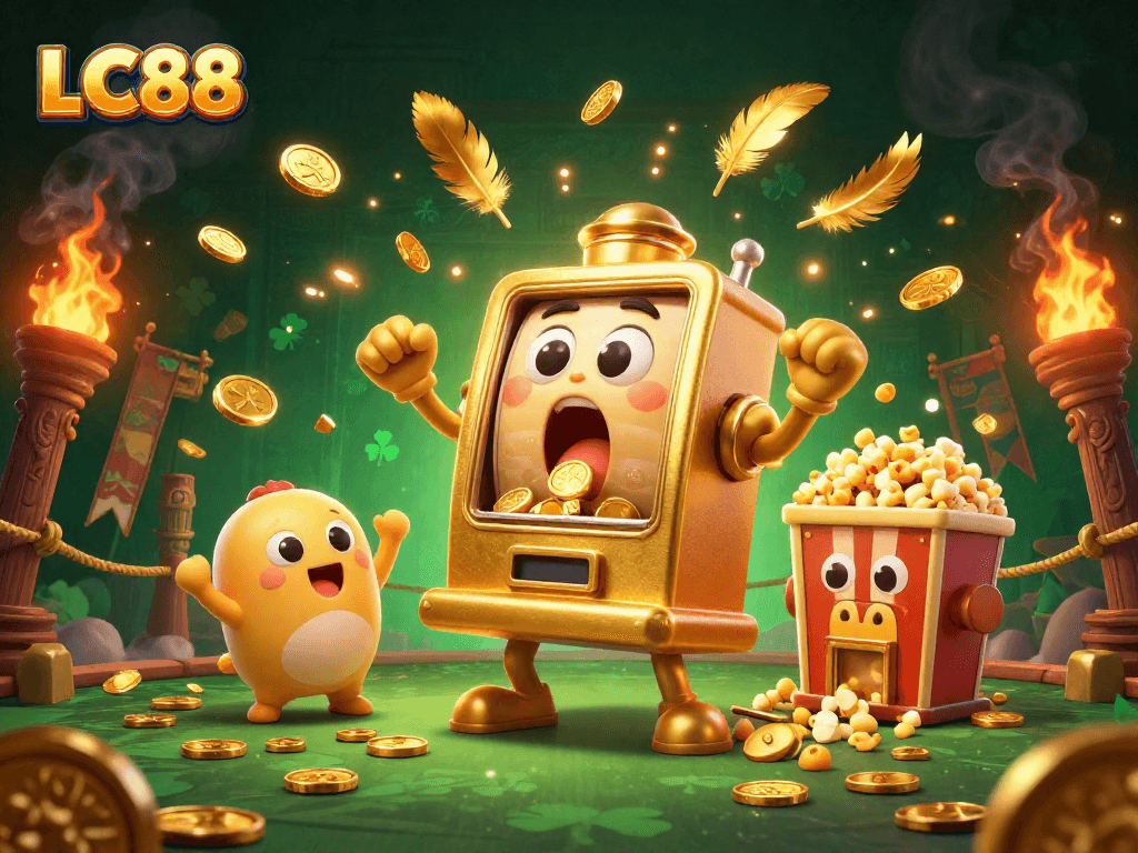 Experience exciting jackpots and wins with LC88’s vibrant animated casino scene featuring golden slot machines.