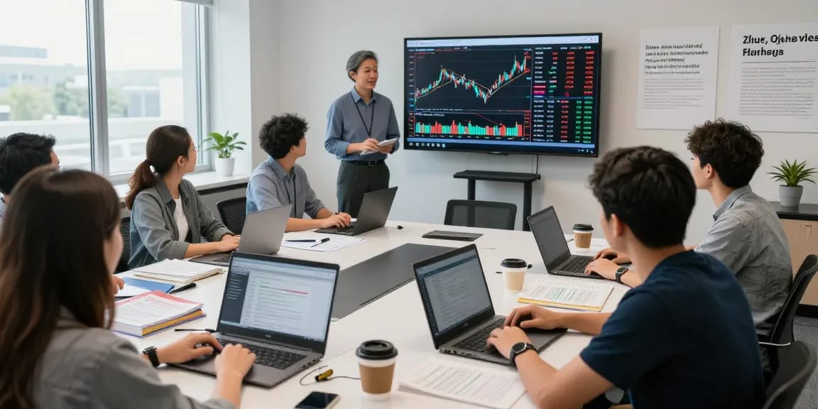 Students learning best courses for stock market trading in india in a vibrant classroom environment.