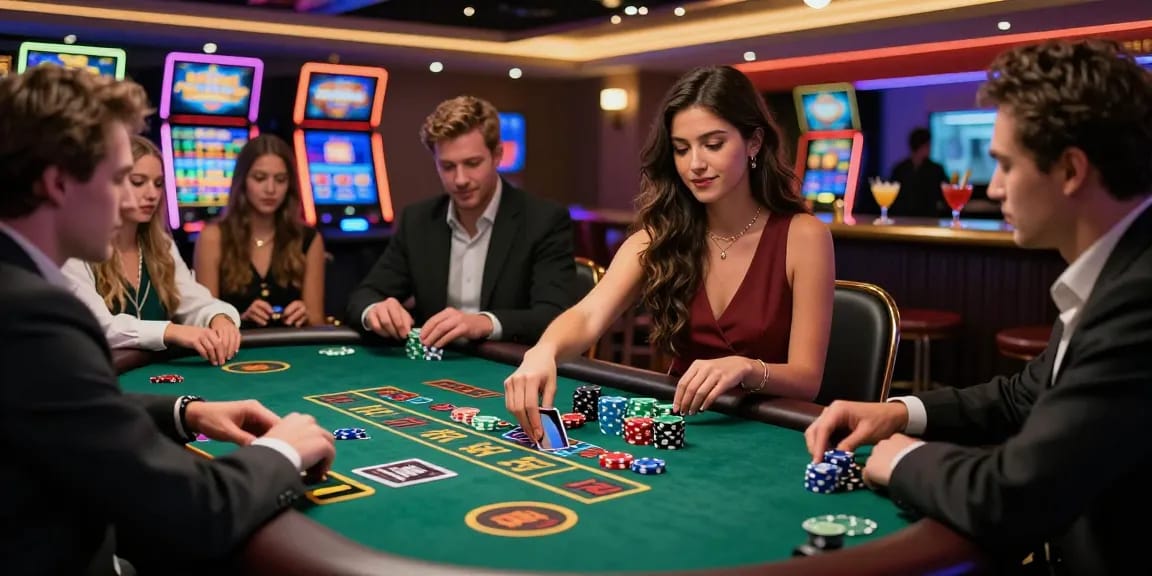 Exciting game at credit card casinos featuring players at a blackjack table in a vibrant casino.