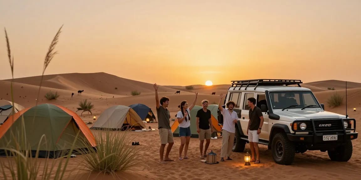 Friends setting up camp during a desert safari, showcasing an adventure in the slot.