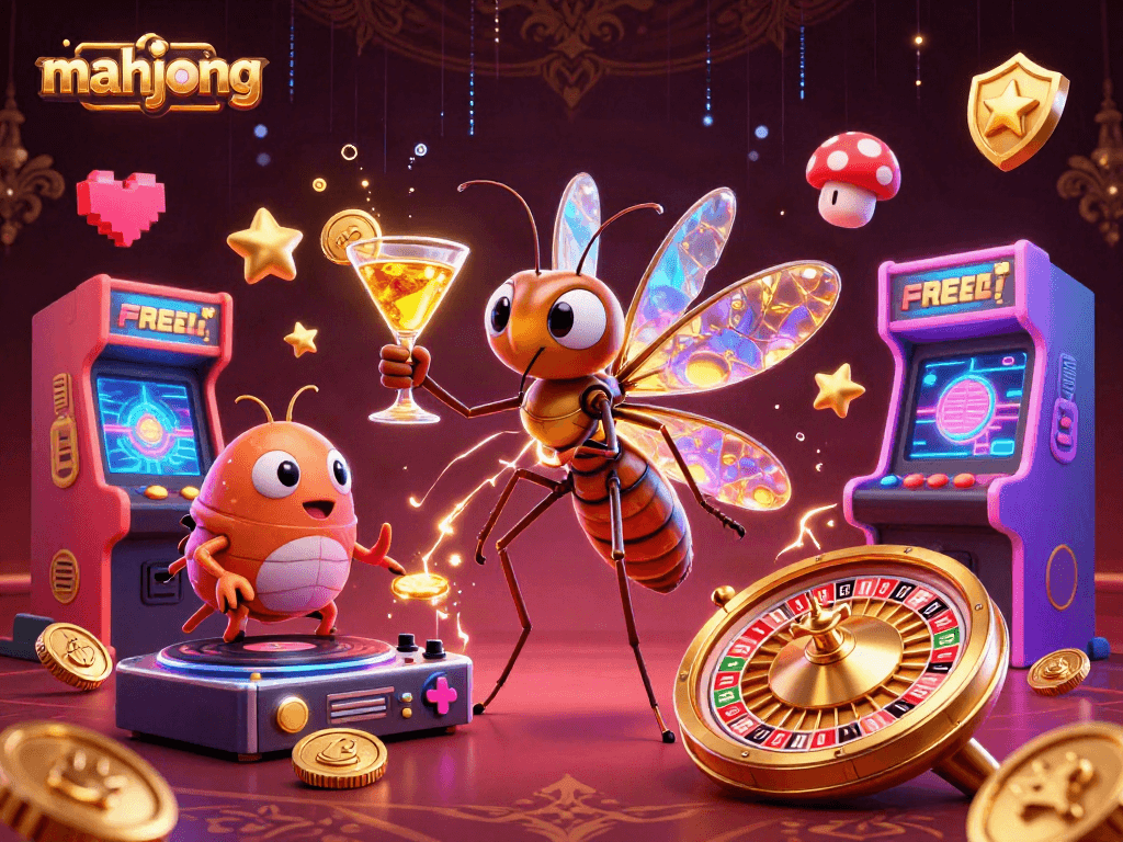 Engage with mahjong in a vibrant 3D casino scene featuring unique characters and lively game elements.
