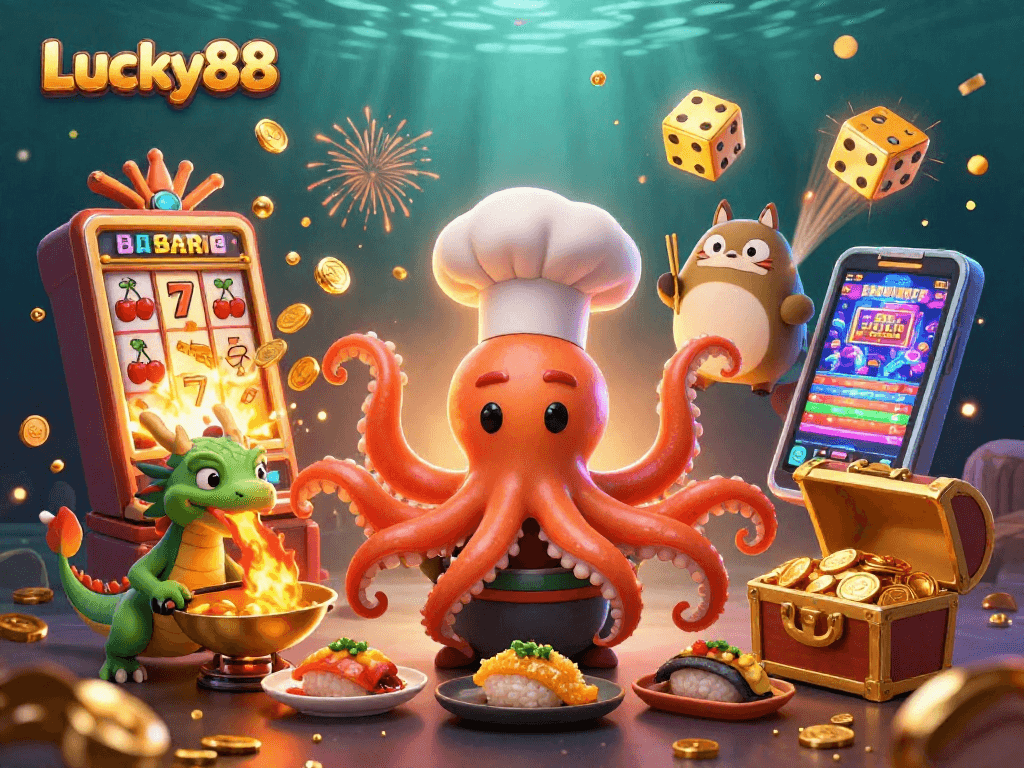 Experience the excitement of Lucky88 with vibrant casino characters and dazzling game elements.