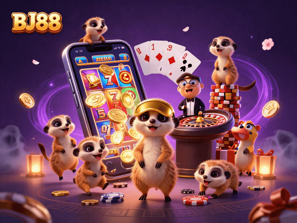 Engage in thrilling gameplay at BJ88 Casino with lively meerkats operating a vibrant casino scene filled with games and excitement.