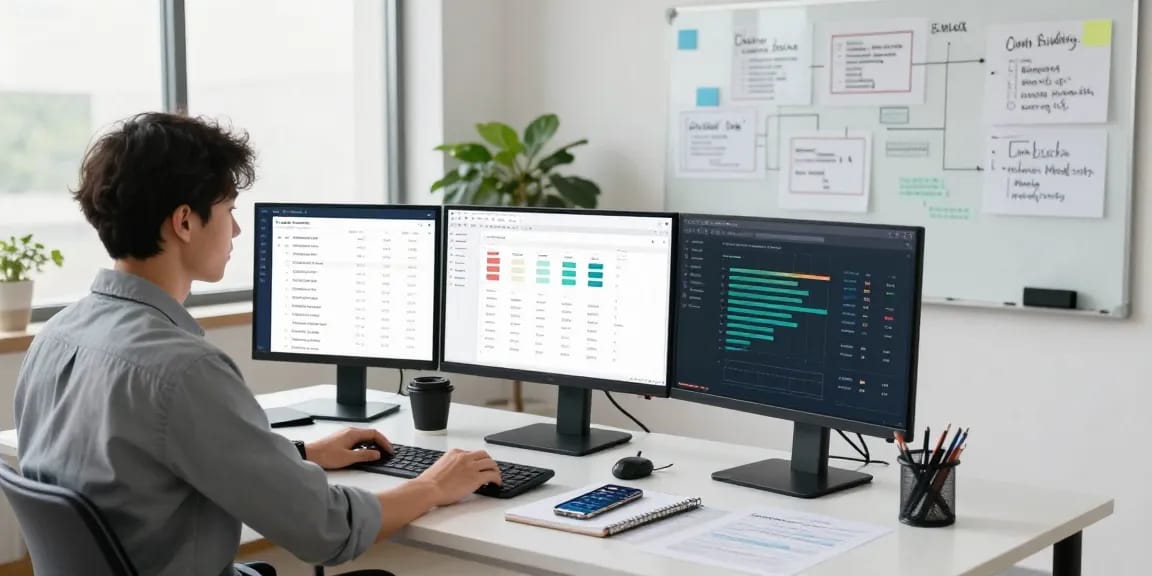 Backlinks analysis tools in a modern digital marketing workspace with SEO specialist