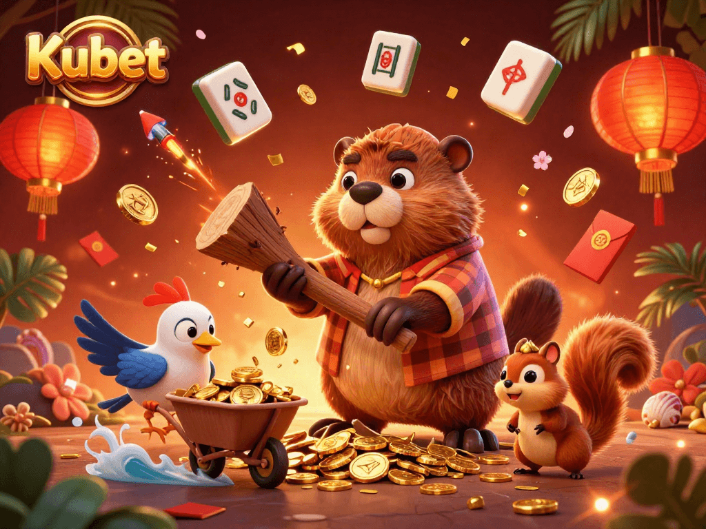 Kubet showcases excitement with a vibrant illustration of a beaver, bird, and squirrel collecting golden coins