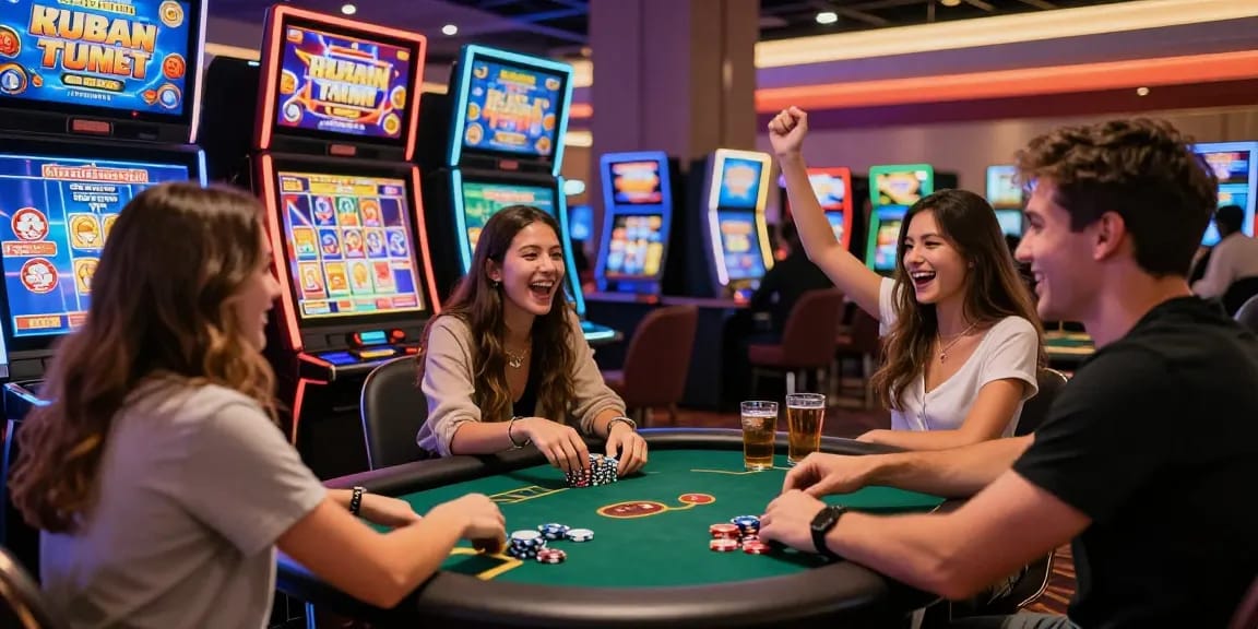Friends having fun at a bandar slot machine in a lively casino setting.