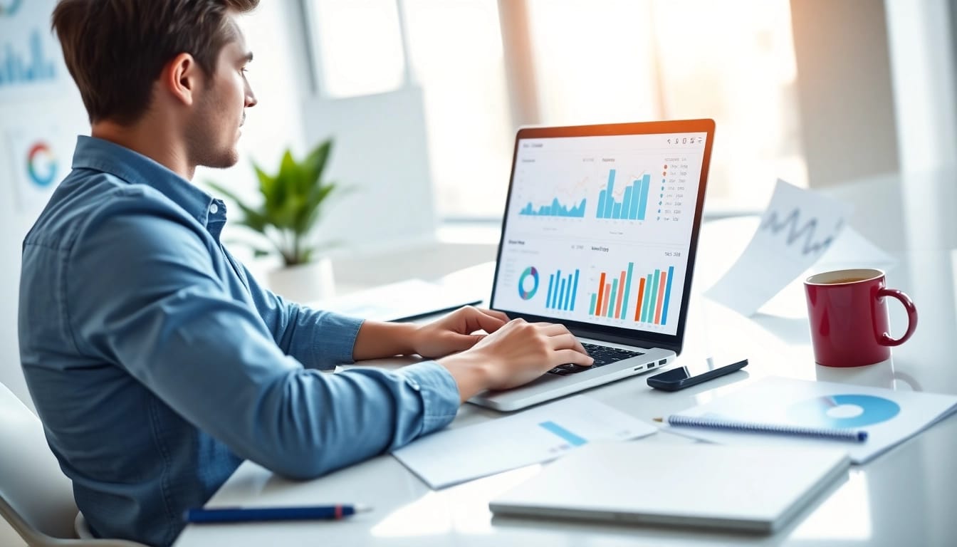 Analyze SEO performance data in a modern office setting with charts and reports.