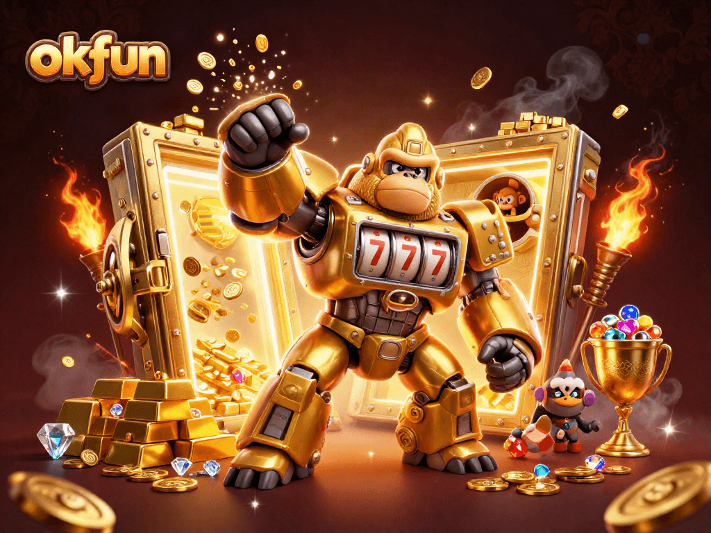 Engage with okfun's dynamic casino energy featuring a golden gorilla mech amidst riches.