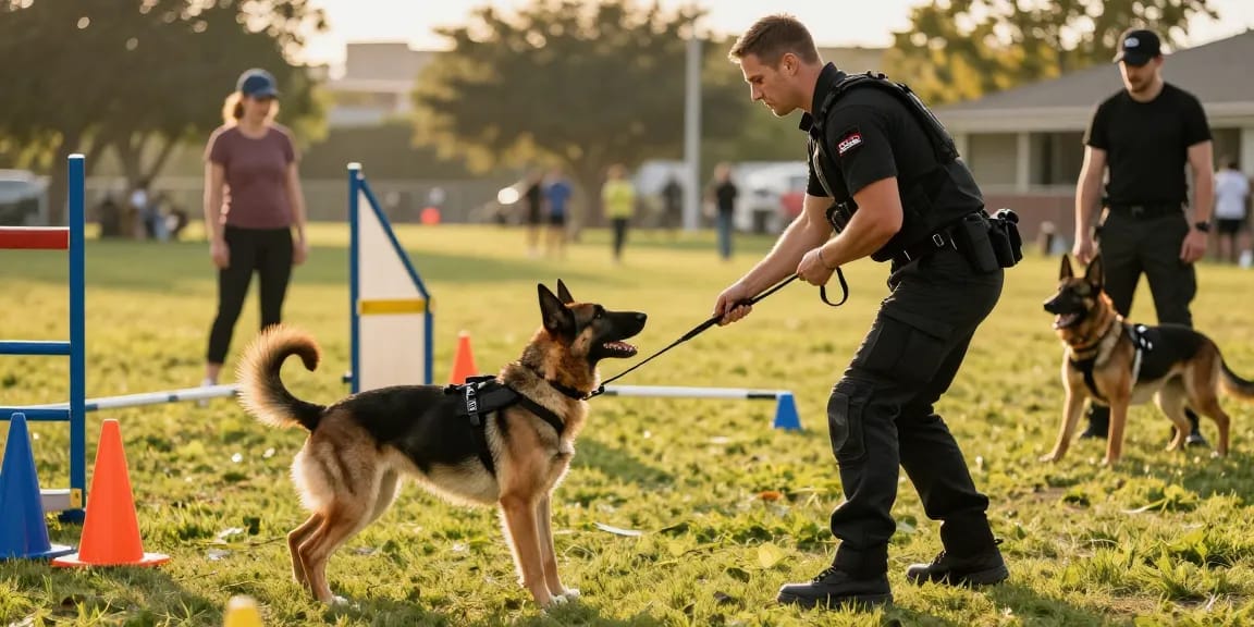Handler demonstrating ROKOK88 gear during K9 training session showcasing quality and functionality.