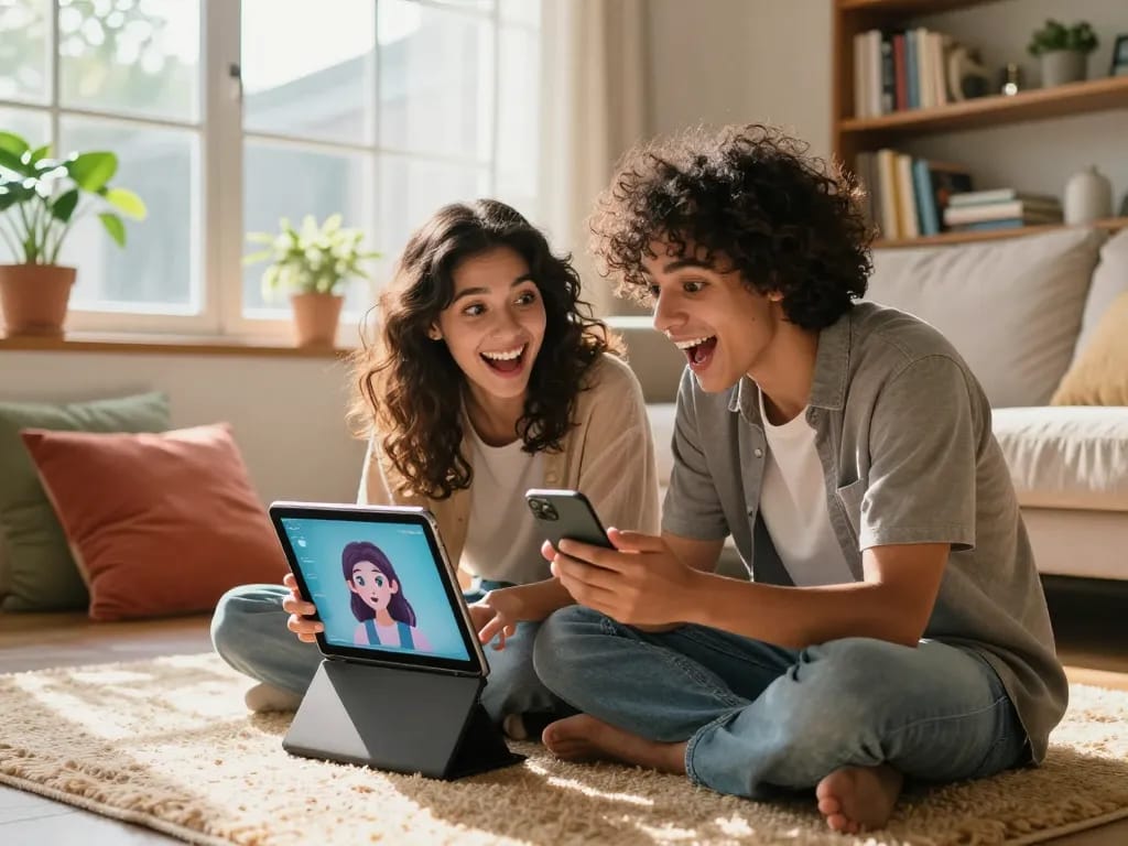 Engaging with an AI gf chatbot in a cozy home setting, showcasing modern tech interaction.