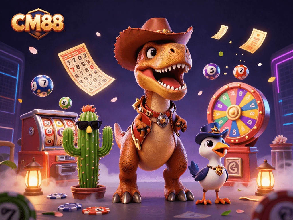 CM88-themed cartoon illustration featuring a T-Rex dinosaur and casino elements, showcasing vibrant gambling action.