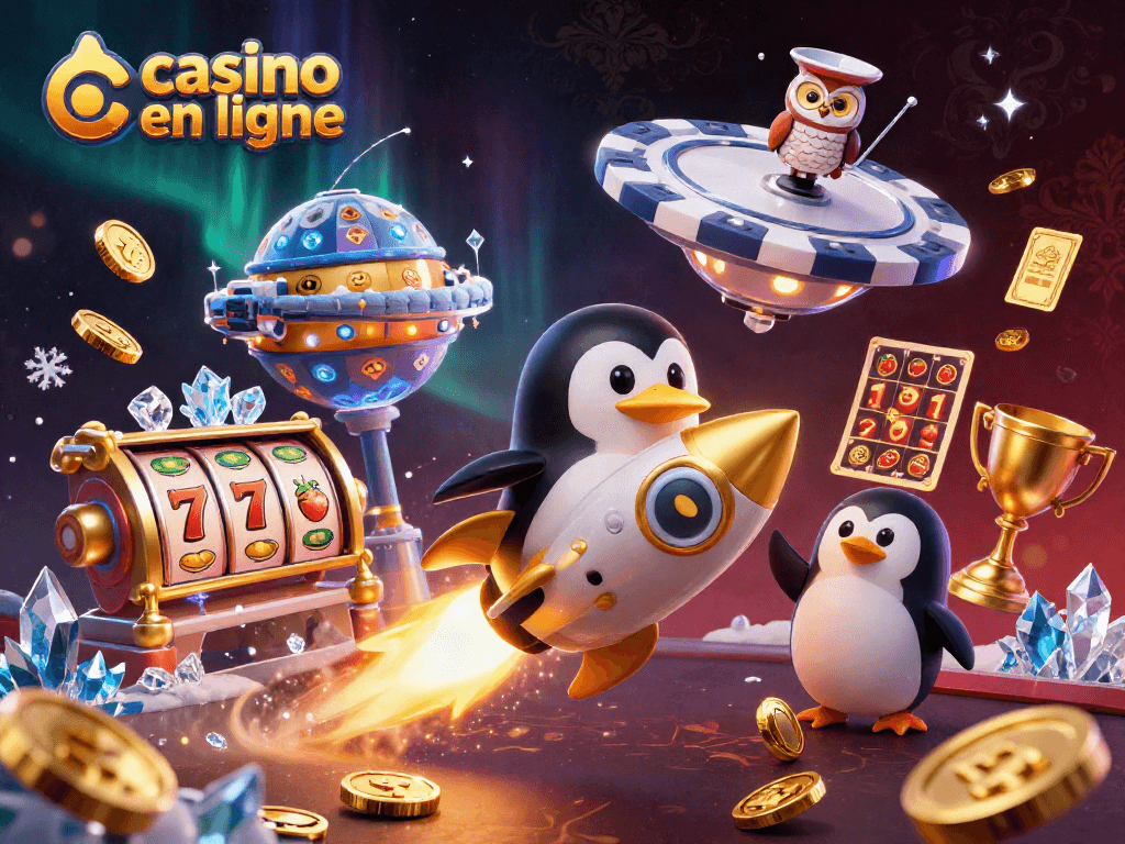 Profitez de l'univers des jeux avec ce casino en ligne illustré dynamiquement par un pingouin doré.