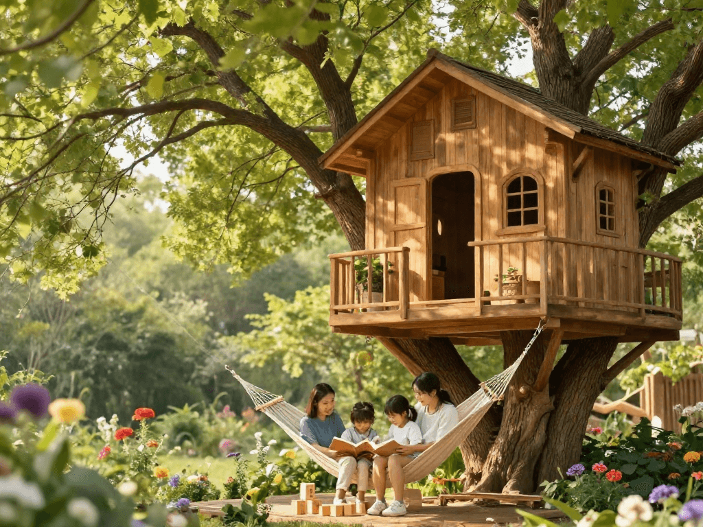 Family enjoying tree house life with children playing and parents relaxing in a natural setting.