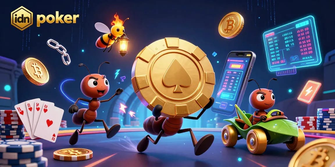 Engage in thrilling idn poker tournaments with dynamic cartoon ants amidst glowing gaming elements