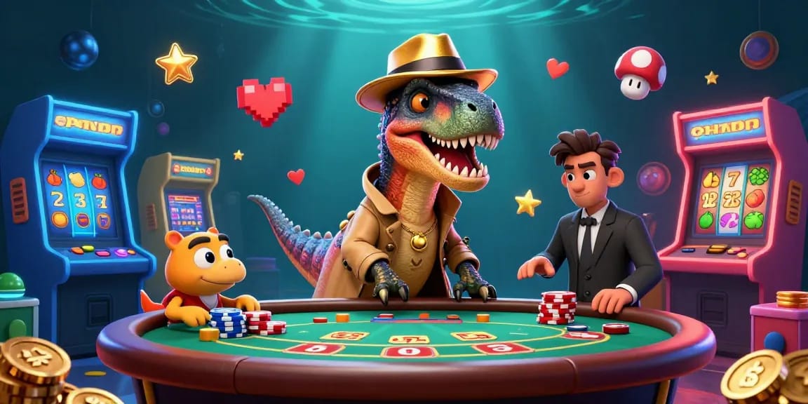 Slot gacor: Velociraptor bermain poker sambil mencuri chip di kasino yang penuh warna