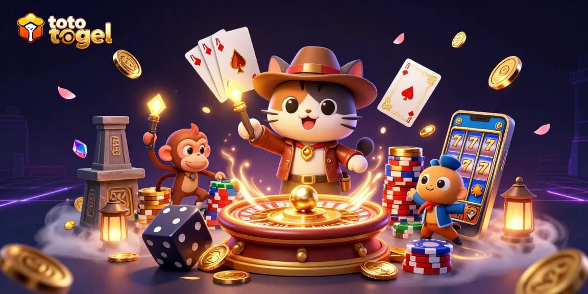 Engage with a thrilling scene of toto togel gameplay featuring a cartoon archaeologist cat with golden artifacts.