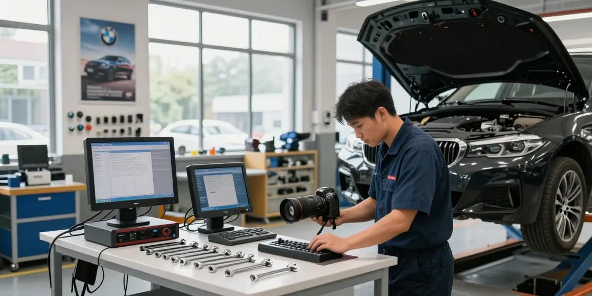 Professionelles BMW Werkstatt-Team in Hannover bei Motorinspektion.