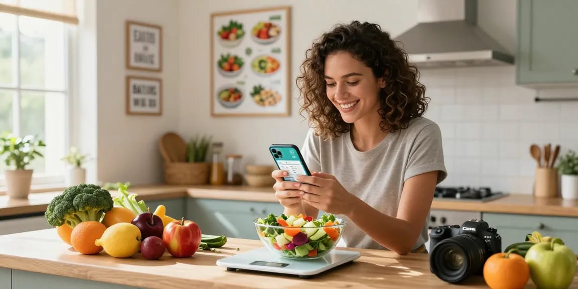 Woman using the best macro tracker app to log meals in a bright kitchen.