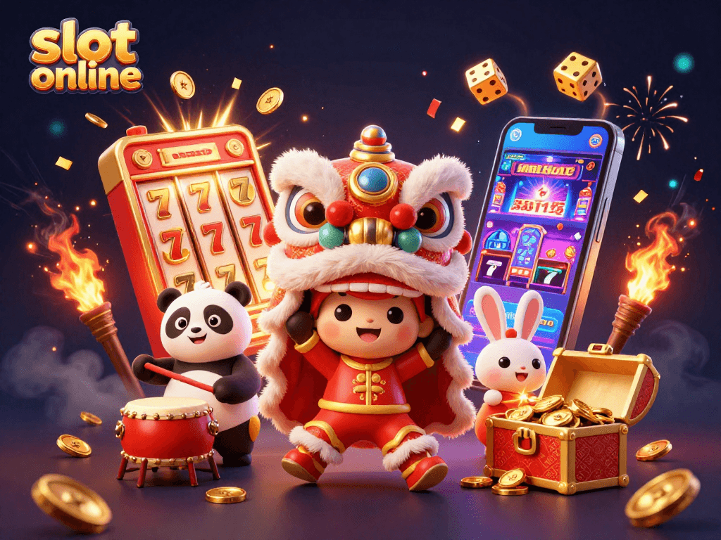 Engage with slot online fun, featuring a vibrant lion dance and thrilling jackpot action.