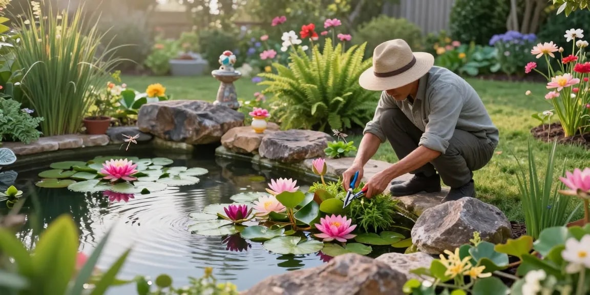 Pond Plants flourishing in a vibrant garden pond during morning light, highlighting water lilies and lotus flowers.