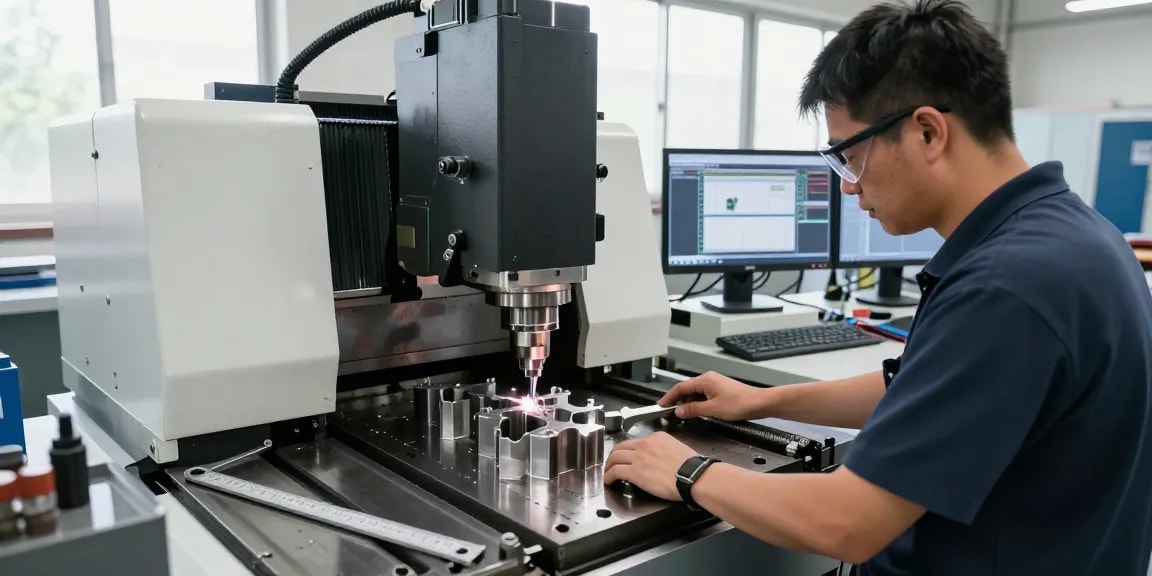 CNC machining parts manufacturer in action, skilled machinist operating a CNC milling machine in a modern workshop.