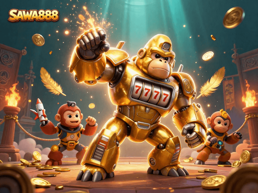 Experience SAWA888's golden gorilla mech bursting with coins in an exciting casino scene, mixing slot elements and action.