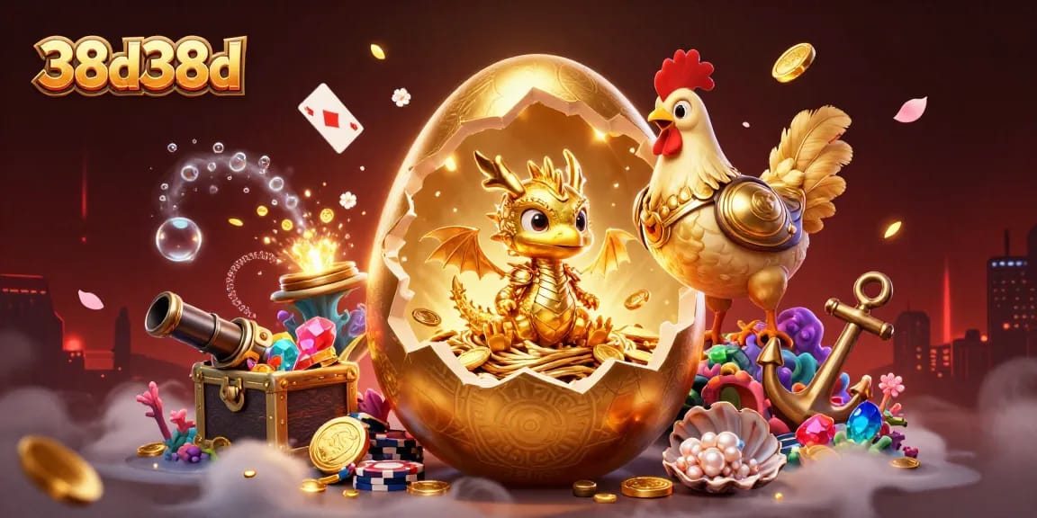 Ilustração 3D do 38d38d com dragão dourado no ninho de fichas de poker, tesouros e elementos de cassino.