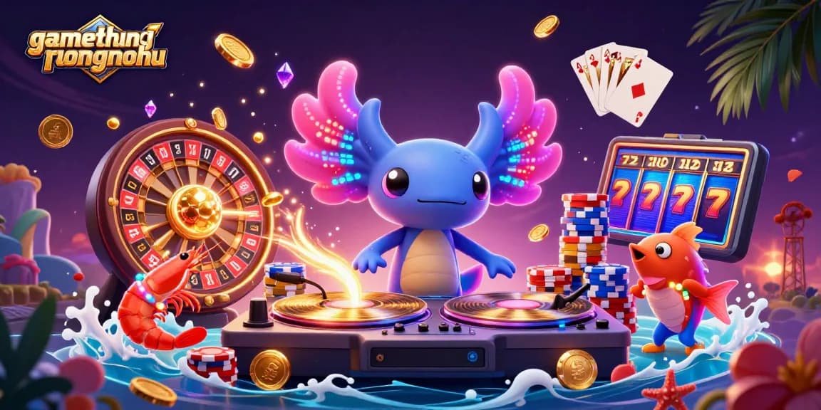 Engage with gamethuongnohu as the neon axolotl DJ spins records amid vibrant casino elements.
