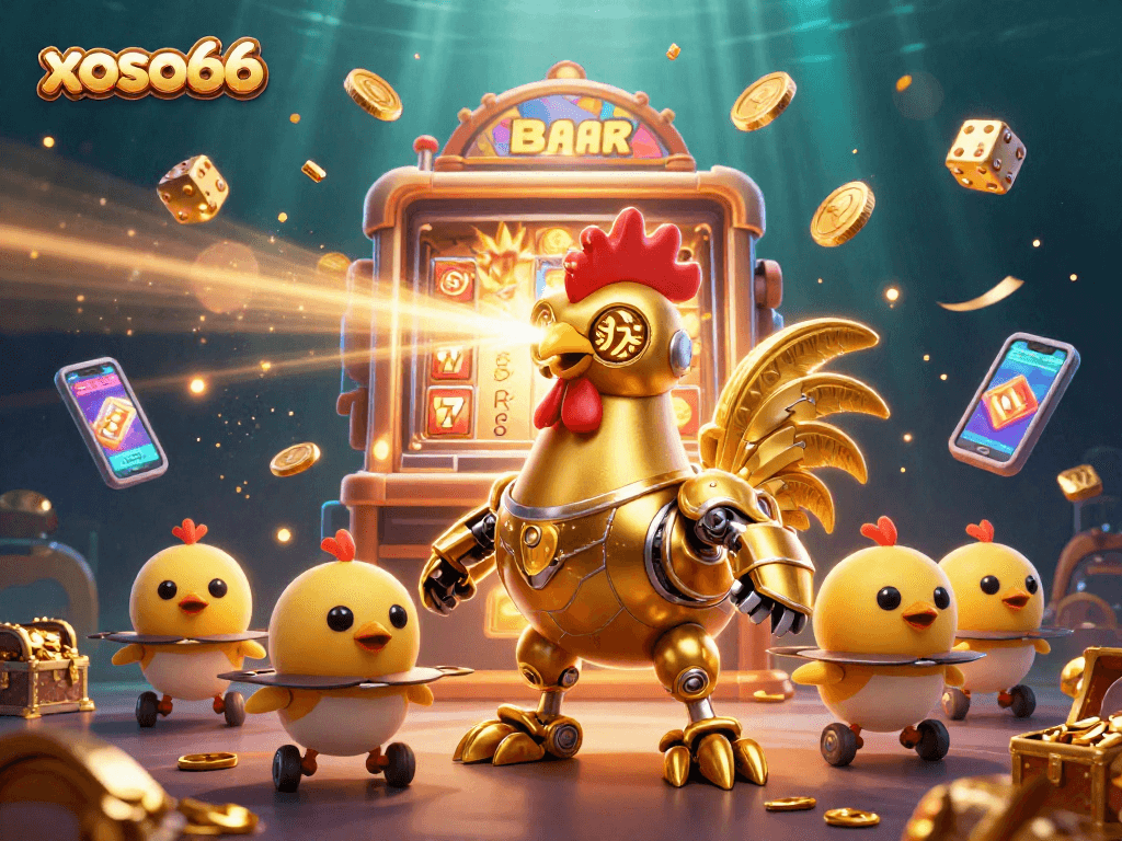 Engage with exciting xoso66 gameplay featuring a golden rooster robot and rich casino elements.