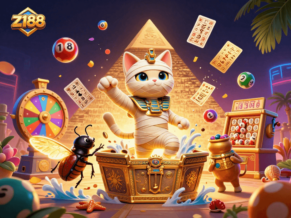 Engage with z188's thrilling gambling world through a vibrant scene featuring a mummy cat and games of chance.