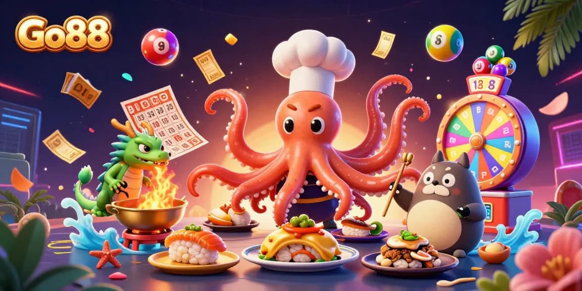 Engage with Go88 casino fun featuring a sushi chef octopus and dragon in a vibrant lottery scene.
