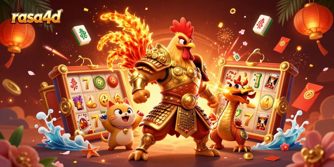 Rasa4d menampilkan karakter ayam juara dalam slot gacor dan simbol keberuntungan, merayakan permainan yang seru.