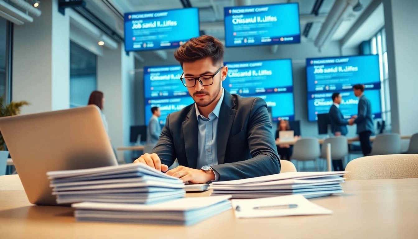 Searching for a job in chicago with focused professionals in a vibrant office environment.