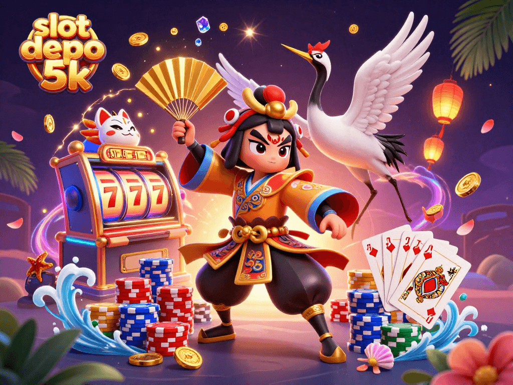 Spin thrilling slot depo 5k reels with colorful characters and casino elements amidst a vibrant scene.