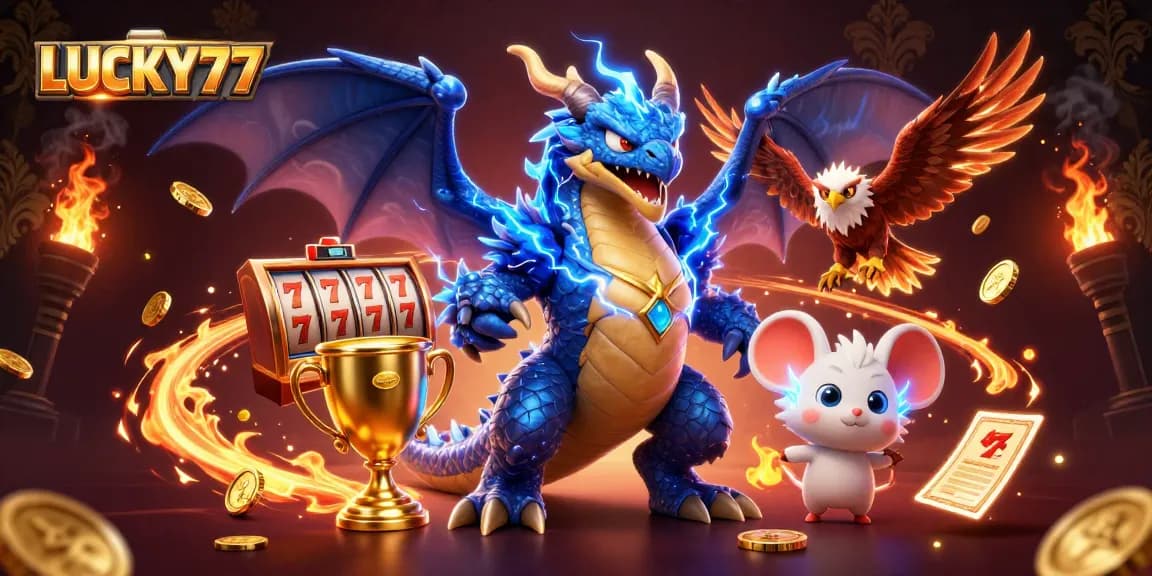 Catch the excitement with LUCKY77 as the thunder dragon and friends celebrate casino wins!