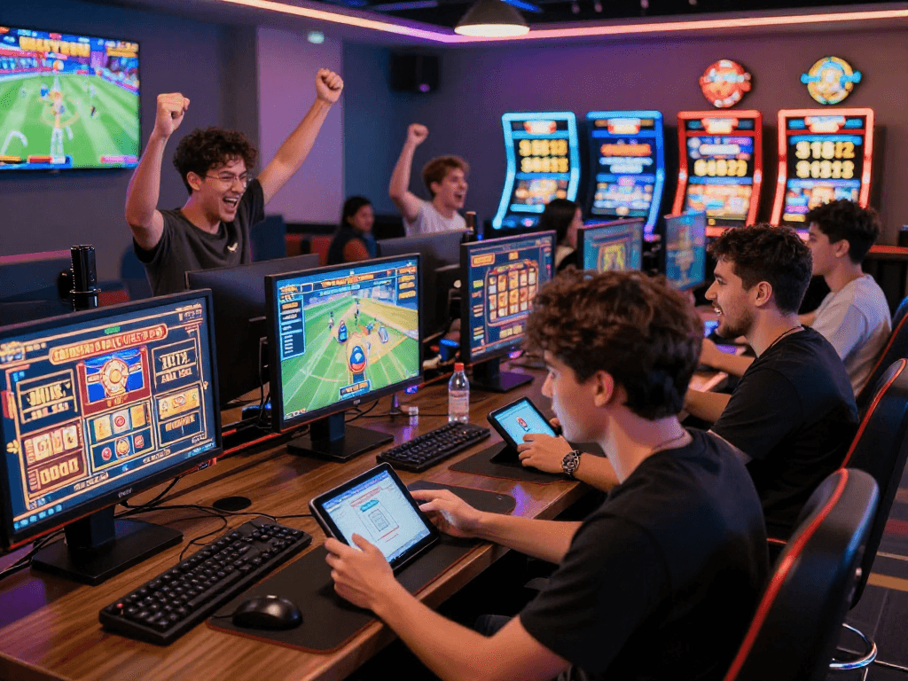 Engaged players enjoying situs raja328 in a vibrant online gaming atmosphere, showcasing exciting slots and live betting.