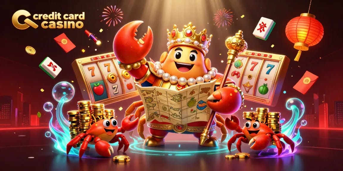 Engage in an exciting credit card casino adventure with vibrant slot elements and a golden crab emperor.