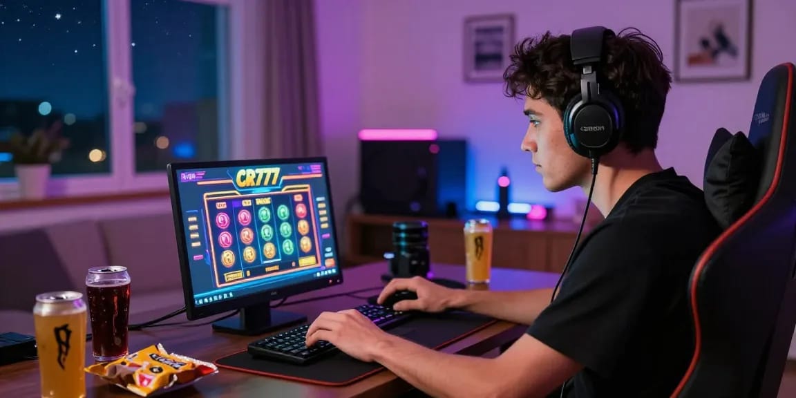 Gamer bermain di CR777 dengan tampilan slot menarik dan pencahayaan LED yang cerah.