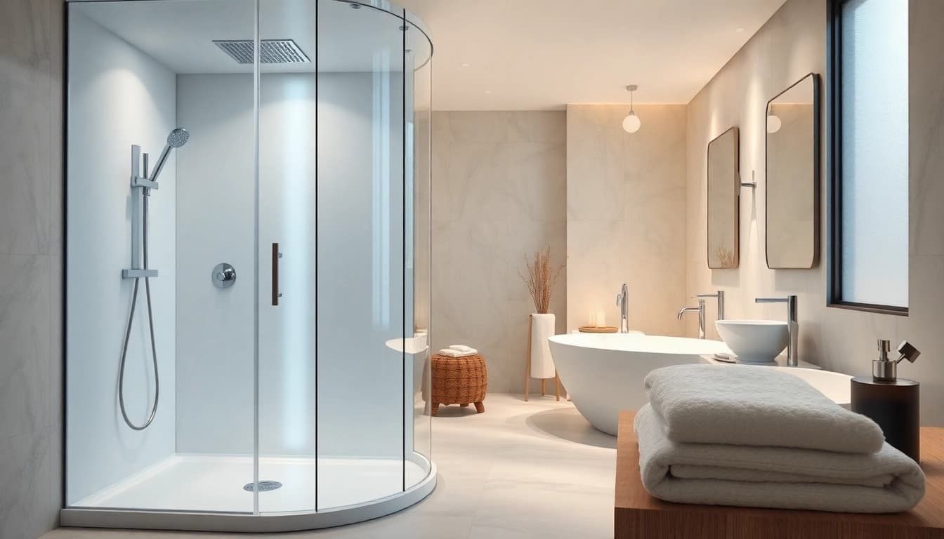 Découvrez la salle de bain moderne sirhona fr avec cabine de douche élégante et miroir LED intégré.