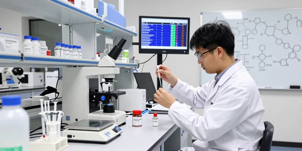 Scientist meticulously measuring SwissChems Peptides in a modern lab setting.