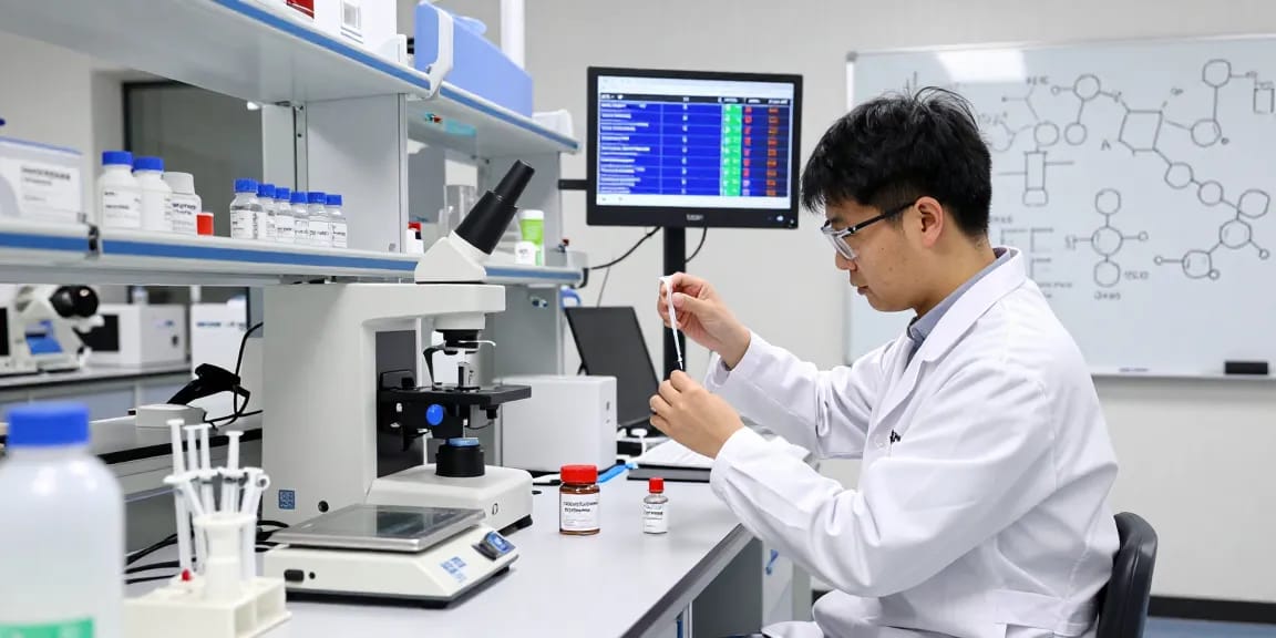 Scientist meticulously measuring SwissChems Peptides in a modern lab setting.